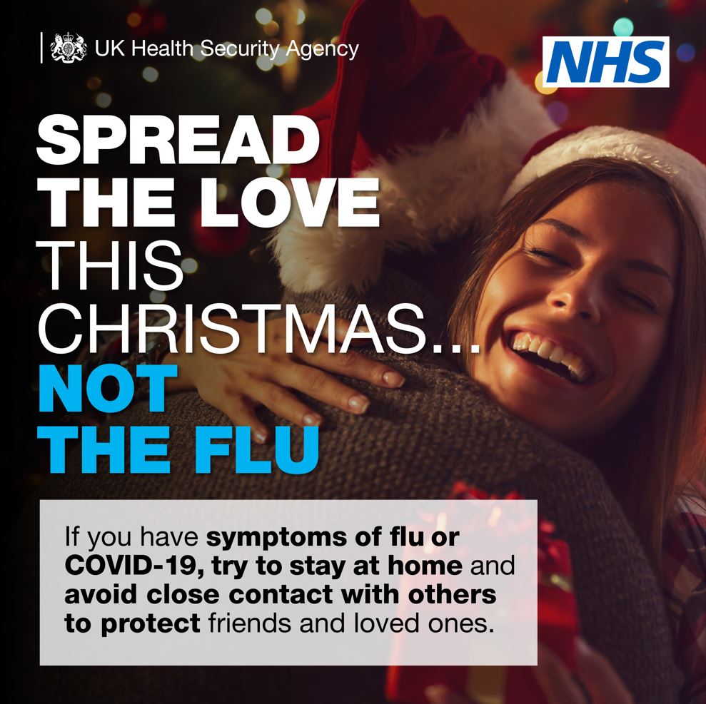 NHSuk's tweet photo. Let’s spread the love this Christmas... not the flu. 

If you’re not feeling well, protect others by staying at home and avoiding close contact with others if you can. https://t.co/Ndq2cJ26Ww