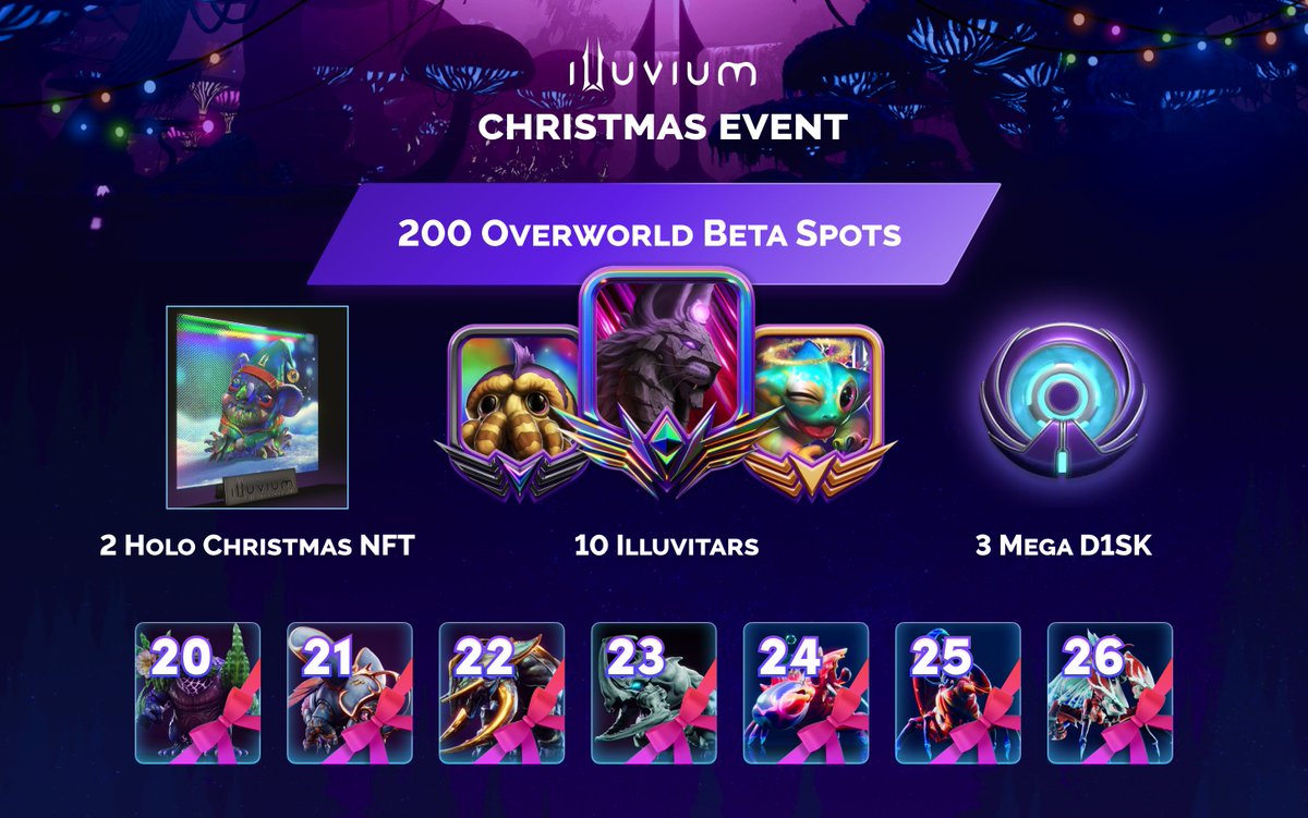 DeQuest ๐ (@dequest_io) on Twitter photo ๐
Last week of <a href="/illuviumio/">Illuvium</a> Christmas!
<a href="/YieldGuild/">Yield Guild Games</a> <a href="/Nifty_Island/">Nifty Island ๐</a> <a href="/WilderWorld/">Wilder World</a> <a href="/Polemos_io/">Polemos</a> live + more soon.
$10,000+ of prizes! 20 Soulbound Trophies to Claim!
๐200 Beta Spots for #Overworld, 3 Mega D1SK, 10 #Illuvitars, 2 Holo Christmas NFTs
Join: beta.dequest.io/games/illuvium ๐
Last week of <a href="/illuviumio/">Illuvium</a> Christmas!
<a href="/YieldGuild/">Yield Guild Games</a> <a href="/Nifty_Island/">Nifty Island ๐</a> <a href="/WilderWorld/">Wilder World</a> <a href="/Polemos_io/">Polemos</a> live + more soon.
$10,000+ of prizes! 20 Soulbound Trophies to Claim!
๐200 Beta Spots for #Overworld, 3 Mega D1SK, 10 #Illuvitars, 2 Holo Christmas NFTs
Join: beta.dequest.io/games/illuvium