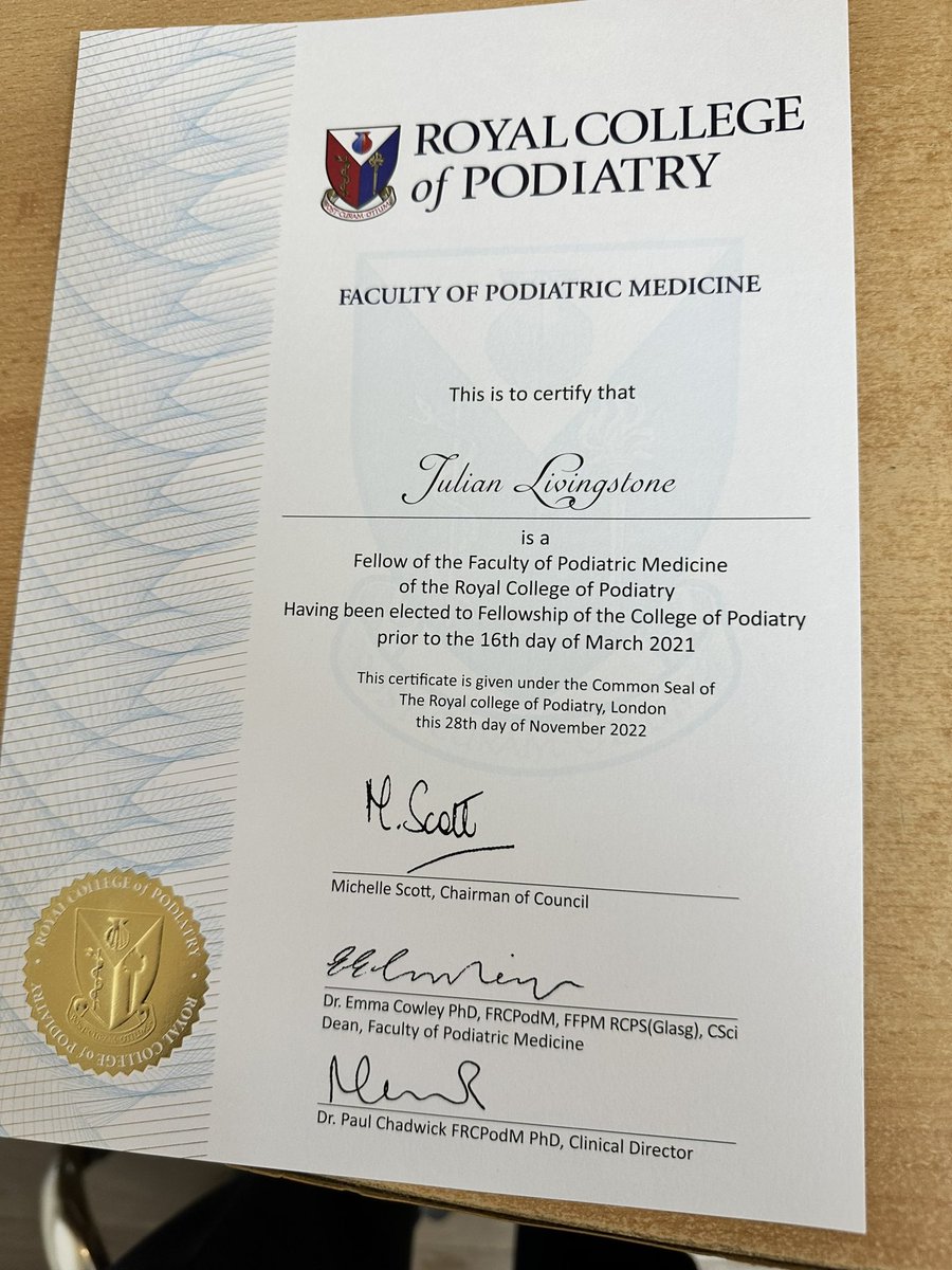 julpodN10's tweet image. Always nice to get it in writing… now The Royal College of Podiatry so new Fellowship certificate arrives, thank you 🙏🏻@RCPodChairman @RoyColPod