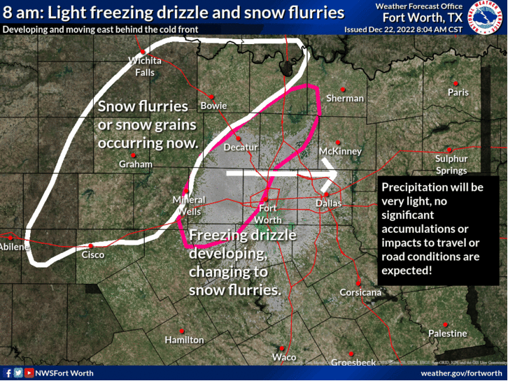 DentonCountyOEM's tweet photo. @NWSFortWorth just FYI... Light flurries are occurring throughout Denton County; however, no traffic impacts to report at this time.

(2/2) https://t.co/jbKIUocwe6