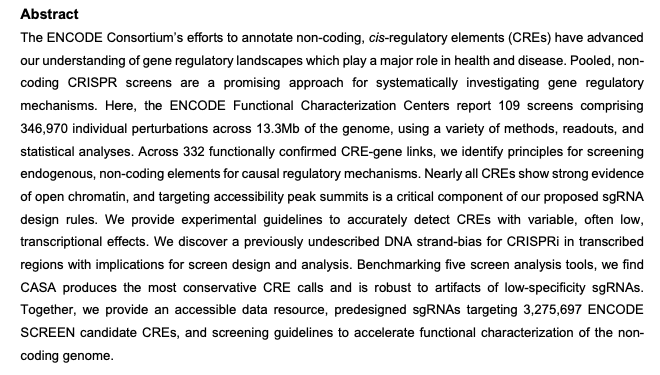 Josh Tycko (@joshtycko) on Twitter photo New preprint! What is all that non-coding DNA doing? 
To understand if and how non-coding sequences regulate gene expression, we need scalable and reliable perturbation methods
Delighted to present the <a href="/ENCODE_NIH/">ENCODE Project</a> Multi-center integrated analysis of non-coding CRISPR screens! New preprint! What is all that non-coding DNA doing? 
To understand if and how non-coding sequences regulate gene expression, we need scalable and reliable perturbation methods
Delighted to present the <a href="/ENCODE_NIH/">ENCODE Project</a> Multi-center integrated analysis of non-coding CRISPR screens!