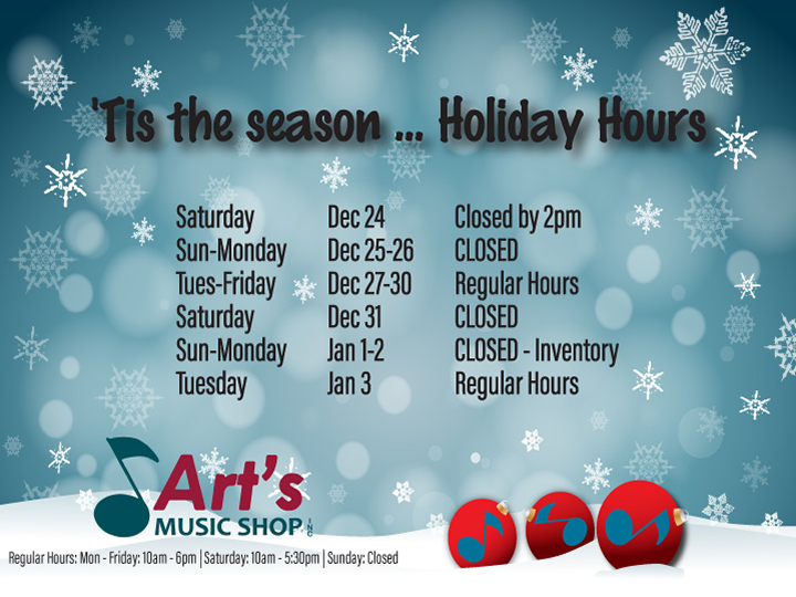 ArtsMusicShop_'s tweet photo. All @artsmusicshop_ locations will have the same holiday hours through the beginning of January, for time away, as well as annual inventory ... #holidayhours #xmashours #christmasshopping #openclosed #inventory #yearend #tistheseason https://t.co/7EMXtsuxxk