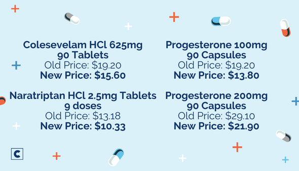 🚨 Price Drop Alert! 🚨

8 meds just got cheaper, including progesterone and azithromycin.

Ask your provider to send your Rx’s to costplusdrugs.com for low prices.