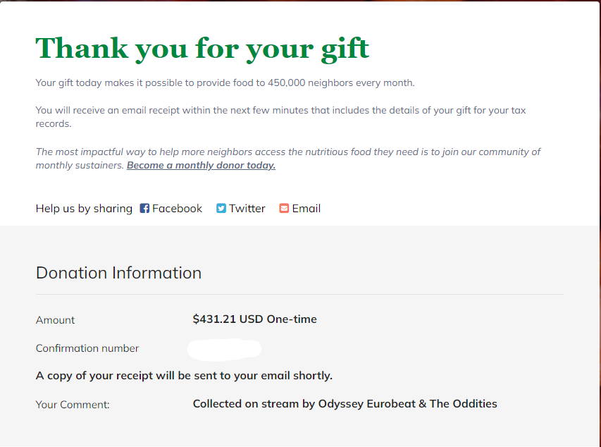 OdysseyEB's tweet photo. Last night during the Odyday Party, we raised a colossal $420.69 (plus fees) for Second Harvest of Silicon Valley. Here's the proof of donation!

Thank you to the Oddities, Odyence, and passers-by for making yesterday fantastic. 💖 #envtuber #vtuber #eurobeat https://t.co/8GU2b6Wkt3