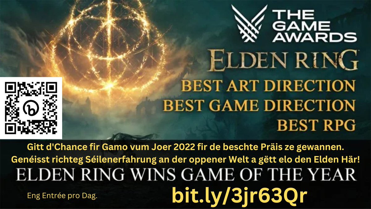 Damon18643's tweet photo. Gitt d'Chance fir Gamo vum Joer 2022 fir de beschte Präis ze gewannen.
Genéisst richteg Séilenerfahrung an der oppener Welt a gëtt elo den Elden Här!
Eng Entrée pro Dag.
Link am QR oder am Bio https://t.co/BoZUJGHSFN