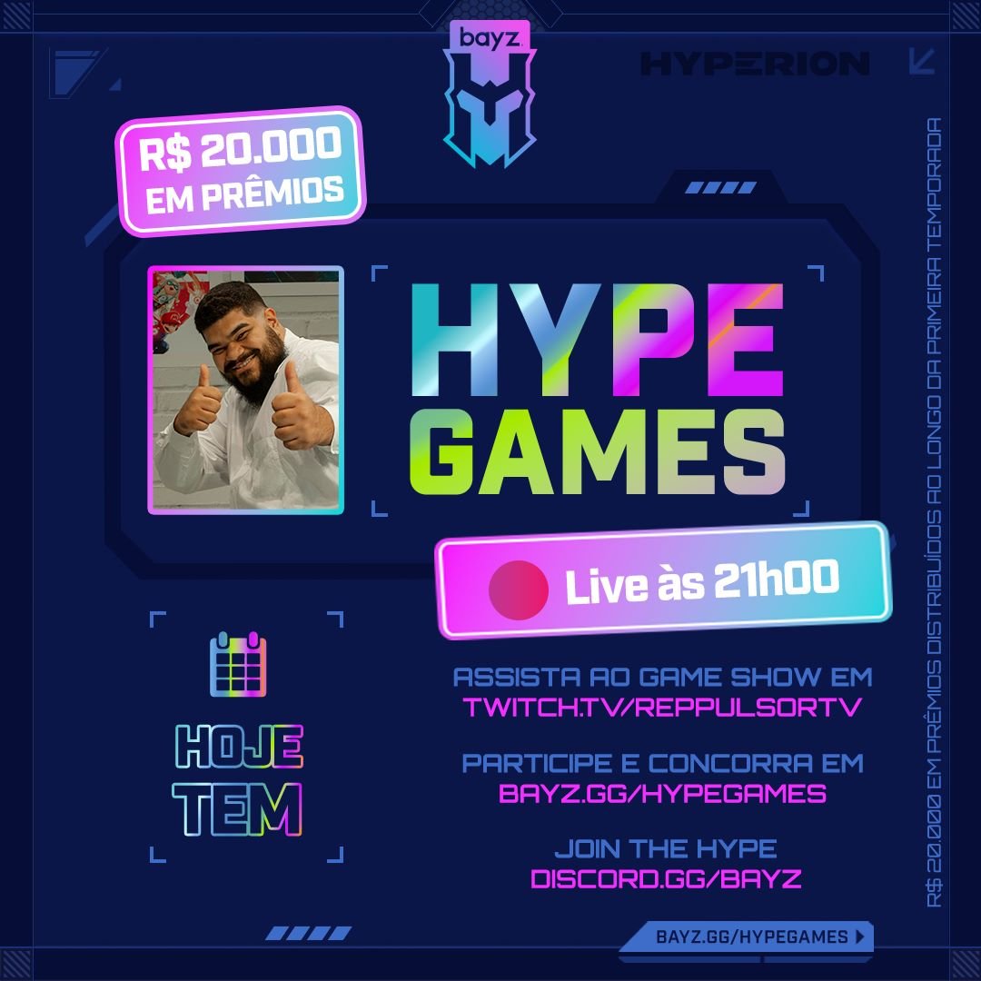 HYPEGAMES DE NATAL TÁ CHEGANDO! VEM QUE O SACO TÁ CHEIO... DE PRÊMIOS

Nessa quinta-feira, 22/12 às 21h00, teremos mais uma noite de prêmios e diversão com o HypeGAMES.

ASSISTA AO VIVO EM: twitch.tv/reppulsortv
JOGUE EM: bayz.gg/hypegames
