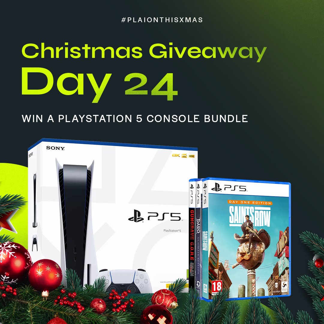 #PLAIONThisXmas – Day 24

Enter our holiday #giveaway for a chance to #win a PlayStation 5 bundle including... 

🎮 PS5 console
🎮 Saints Row
🎮 DARQ Ultimate Edition
🎮 Gungrave G.O.R.E (digital)

Ends 06/01/23. UK only. 🔞

ENTER HERE: bit.ly/PLAIONXMAS22