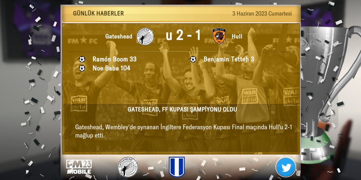 Yarı finalde Premier lig ekibi olan Wolverhampton ıda eleyip finalde Acunun sahibi olduğu Hull ile karşılaştık ve 104.dakika da frikikten gelen bir gol ile imkansızı başarıp Vanarama ulusal Ligi'nde oynayan Gateshead ile FF kupasına uzandık. 
#FM23 #FM23Mobile #footballmanager