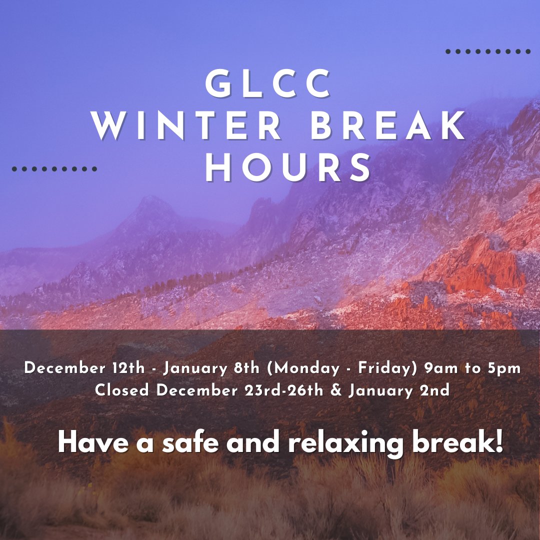 The GLCC will be closed tomorrow and Monday for the Holiday. We also will be closed on January 2nd. We hope you are having a great Winter Break.