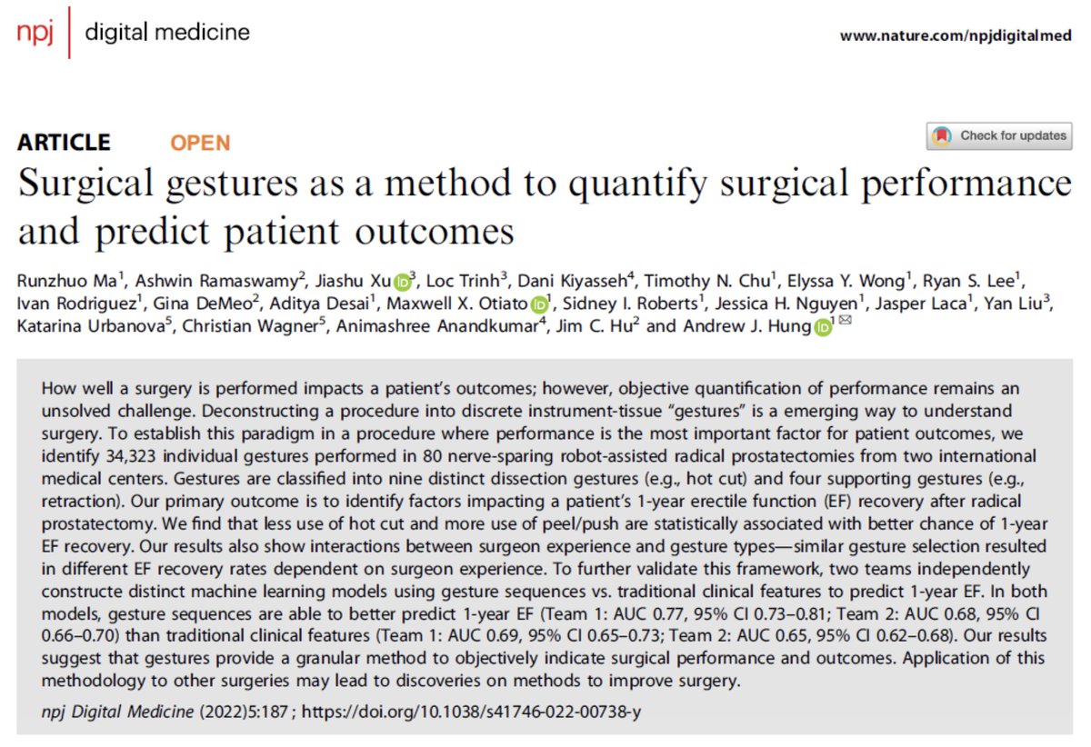 AjhungMD's tweet photo. Original #surgicalAI research @npjDigitalMed from our team 

✔️ surgical gestures are the building blocks of surgery
✔️ #AI uses gesture sequences to predict 12 mo  function outcome after surgery
✔️ Two all 🌟 AI teams verifying outcome
✔️Open access
https://t.co/Q6Uq5ixIpr https://t.co/maOuB3zlbD