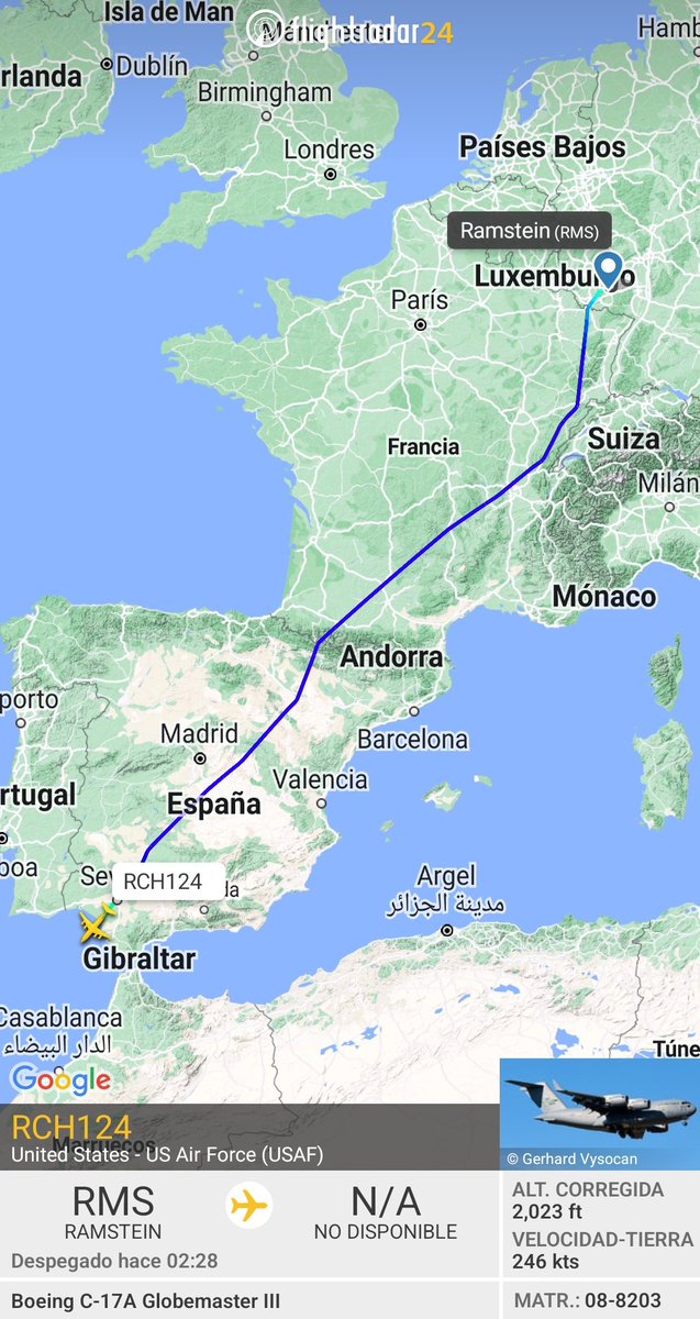 MilRadar's tweet photo. 🇺🇸 #USAF C-17A Globemaster III 08-8203 del #62ndAW desciende hacia #Rota procedente de #Ramstein #Alemania https://t.co/DUfoNurWsk