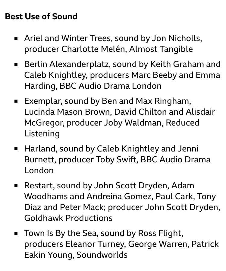 Almost Tangible (@_almosttangible) on Twitter photo We’re so proud to have been shortlisted among great company for Best Use of Sound in the #BBCAudioDramaAwards for our production #ArielAndWinterTrees. Congratulations to our sound designer <a href="/jonnicholls/">Jon Nicholls</a>, director <a href="/saskia_black/">Saskia Black</a>, and producers <a href="/CharlotteMelen/">Charlotte Melén 🇪🇺</a> and <a href="/EleanorMein/">Eleanor Mein</a>! 🥳 We’re so proud to have been shortlisted among great company for Best Use of Sound in the #BBCAudioDramaAwards for our production #ArielAndWinterTrees. Congratulations to our sound designer <a href="/jonnicholls/">Jon Nicholls</a>, director <a href="/saskia_black/">Saskia Black</a>, and producers <a href="/CharlotteMelen/">Charlotte Melén 🇪🇺</a> and <a href="/EleanorMein/">Eleanor Mein</a>! 🥳