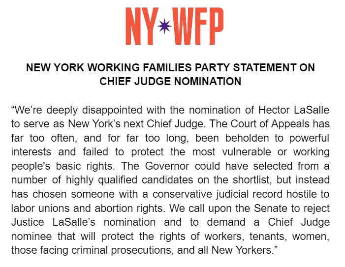 NYWFP's tweet image. Our statement from @sochiesays on the nomination of Hector LaSalle to be Chief Judge of the New York Court of Appeals. 

We are calling upon the Senate to reject this nomination.