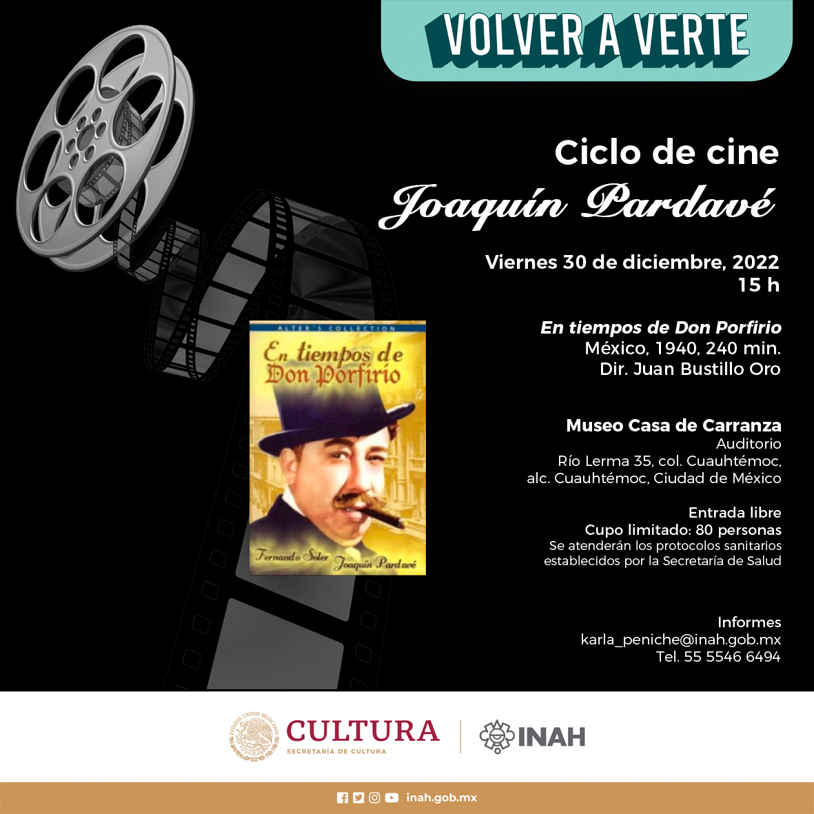 INAHmx's tweet photo. 📽️🎞️¡En diciembre los viernes son de cine en el
@MCCarranzaINAH
!📽️🎞️
Te invitamos a la función de mañana del Ciclo de cine Joaquín Pardavé.
📌En tiempos de Don Porfirio (México, 1940)
📆30 de diciembre
🕑15 h
#VolverAVerte
#JoaquinPardave
#CicloDeCine https://t.co/pnGxndOc9K
