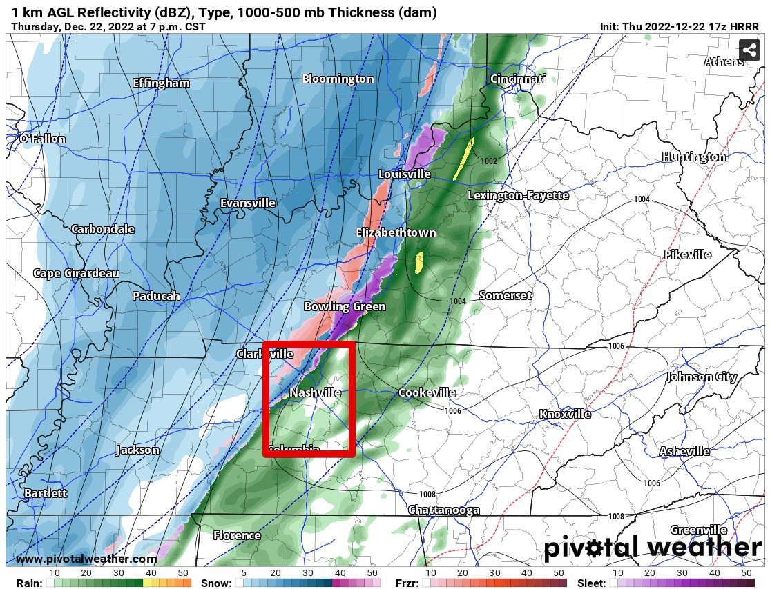 Pretty easy to find the cold front. It's on its way. HRRR thinks it'll cross I-65 between 7-8pm.