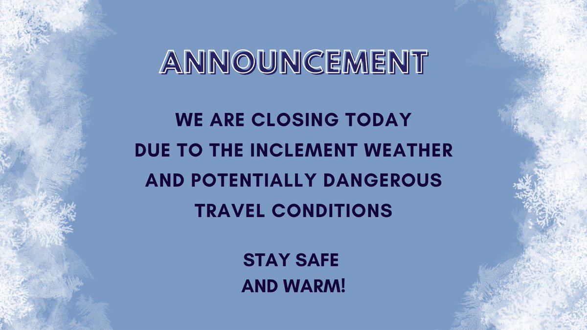 Due to predicted inclement weather and travel warnings made for this afternoon into tomorrow, we have made the difficult decision to close both our Saint Paul and North Loop locations today. Existing reservations have been contacted. Please be safe if you have to be on the roads!