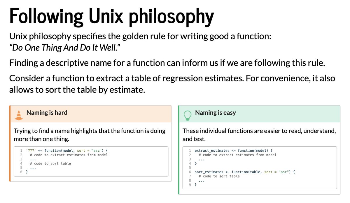 Follow the Unix philosophy to write great functions!

Do one thing, and do it well! 1️⃣✅

indrajeetpatil.github.io/second-hardest…

#rstats #programming