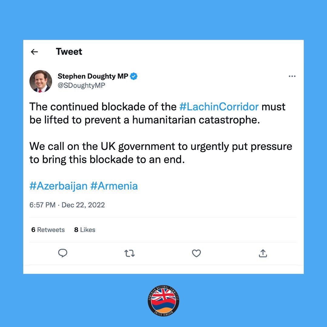 ANCUK_org's tweet photo. Stephen Doughty, Shadow Minister of Europe, states the Lachin corridor must open in a recent tweet. 

@SDoughtyMP @UNOSAPG @GenocideAPPG @GenocideWatch1 @un_council @FCDOGovUK @hrw @UNSC_Reports 

#ArtsakhBlockede #ArtsakhUnderSiege #Armenia #GenocideAPPG #unosapg #un #uk https://t.co/vTNQt1O0uJ