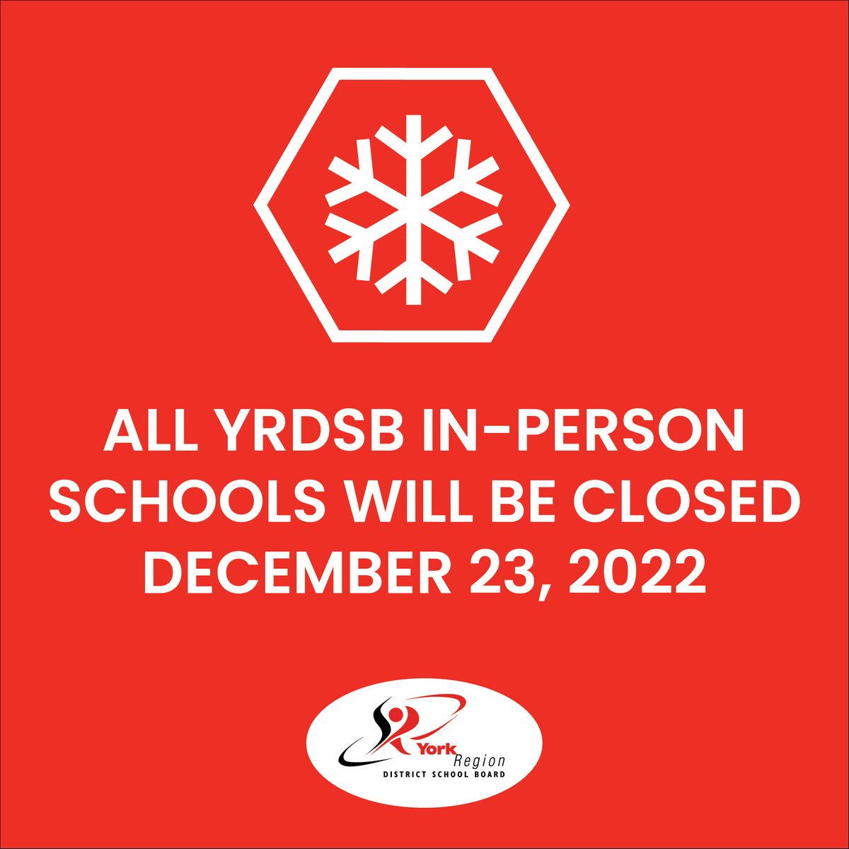 🧵Due to expected severe weather conditions, all YRDSB in-person schools will be closed to students and staff tomorrow, Friday, December 23, 2022. 

Please DO NOT send your children to school.

More⬇️