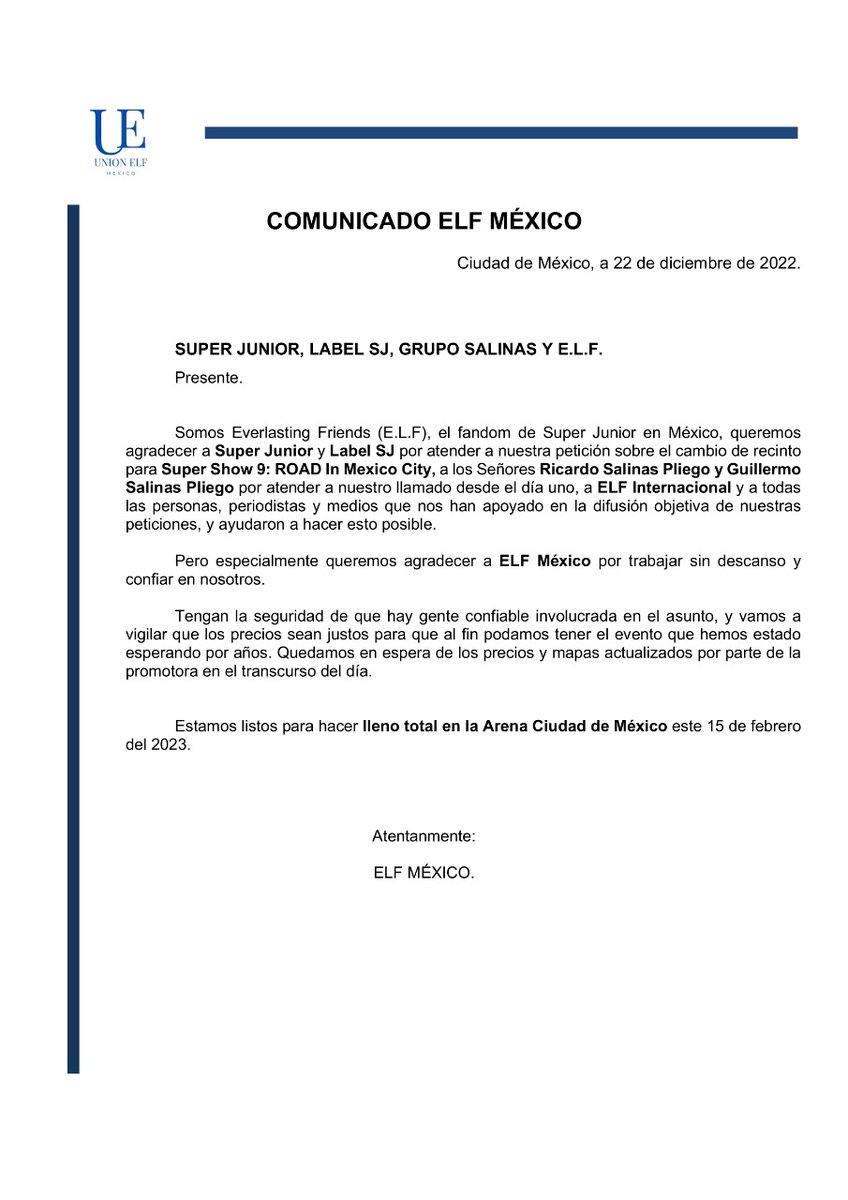 ELFMexLatam's tweet photo. ✉️QUINTO COMUNICADO

Tras días de trabajo duro e incansable, por fin podemos decir que lo logramos. ¡Felicidades y gracias a ELF! Disfrutemos de un Super Show 9 inolvidable.

The Last Fandom Standing
#SS9enArenaCdMx
#SS9LlenoTotal
@SJofficial @RicardoBSalinas
@SMTOWNGLOBAL https://t.co/AmmzHc189j