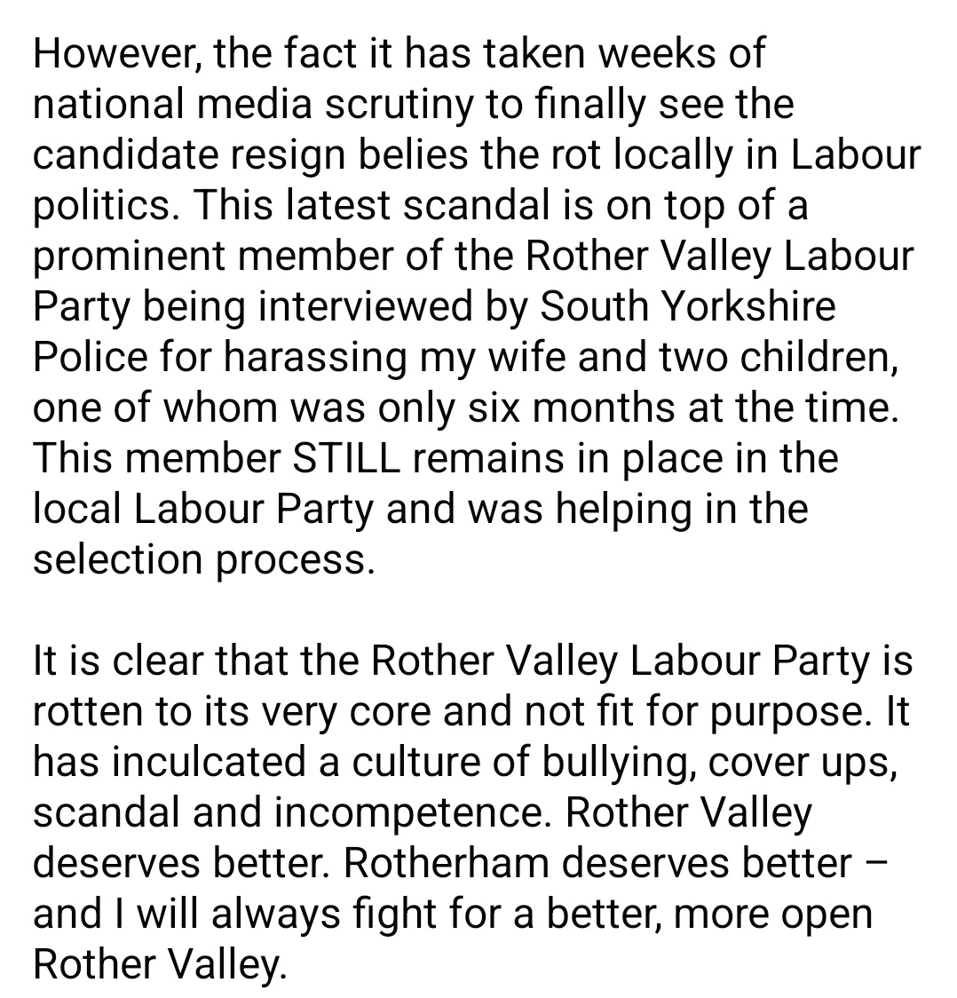 Rother Valley Labour Candidate RESIGNS. Please see the attached images for my statement.