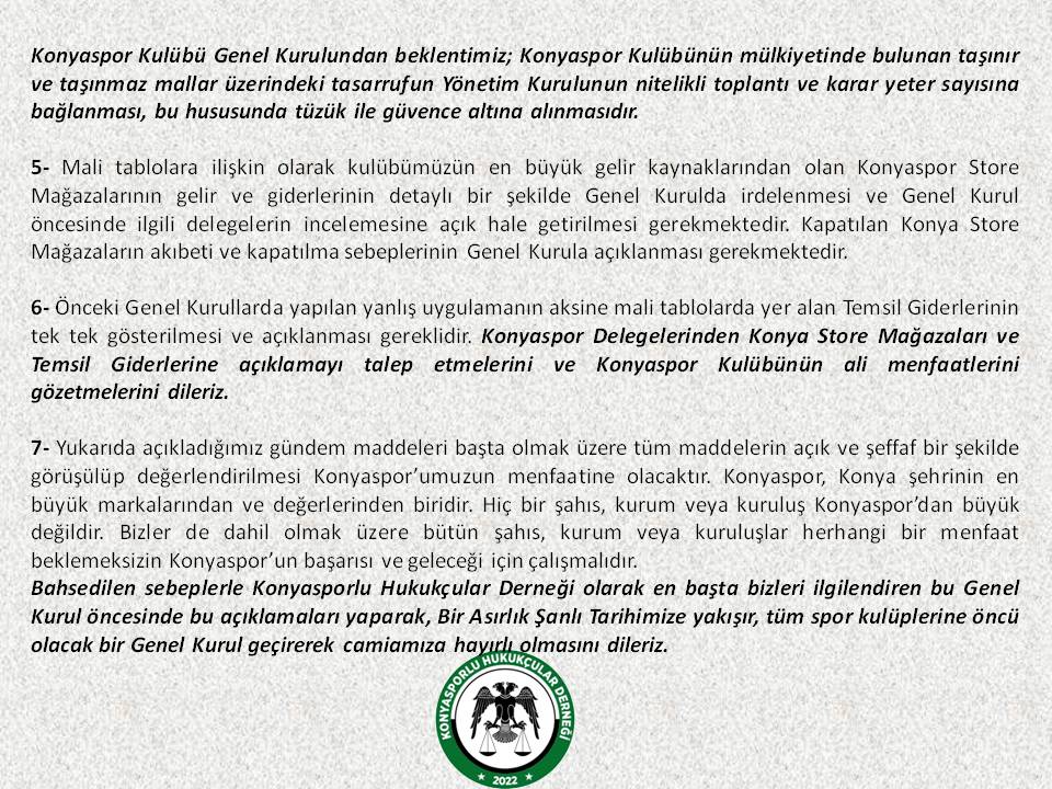 24 Aralık tarihli Konyaspor Olağanüstü Kongresine ilişkin gündeme dair değerlendirme ve önerilerimiz.