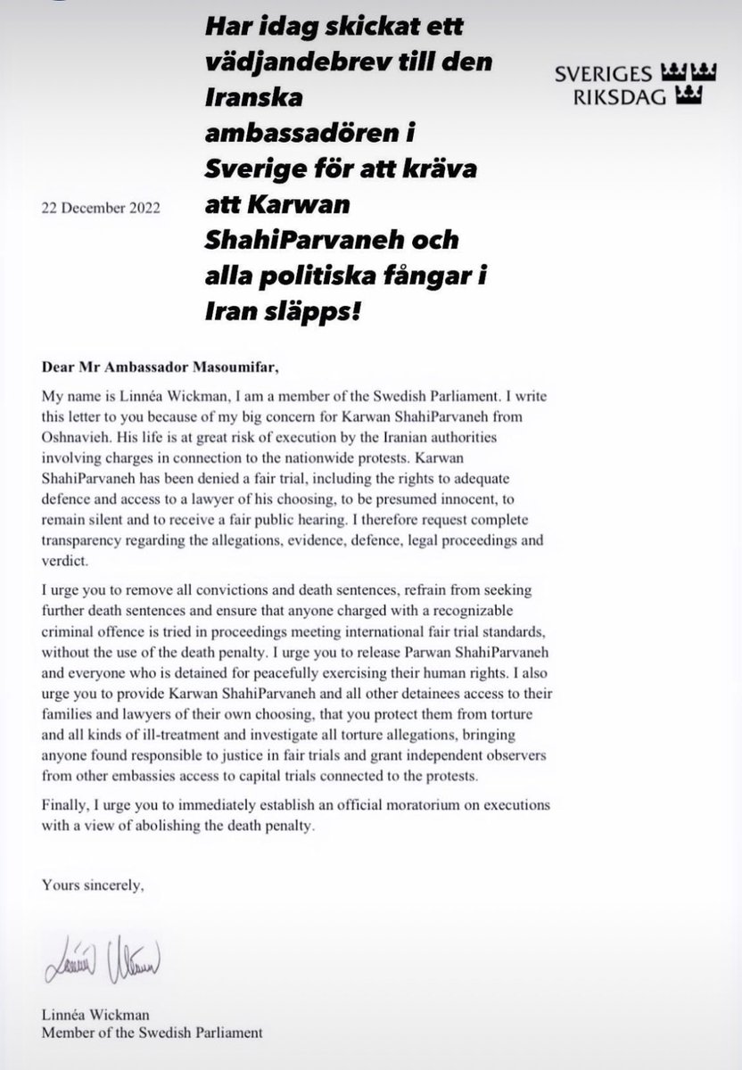 Today I sent a letter to the Iranian ambassador in Sweden demanding the release of Karwan ShahiParvaneh and all political prisoners in Iran! #KarwanShahiparvaneh #Karwan_Shahi_Parvaneh #PoliticalSponsor #freeKarwanShahiParvaneh #WomenLifeFreedom