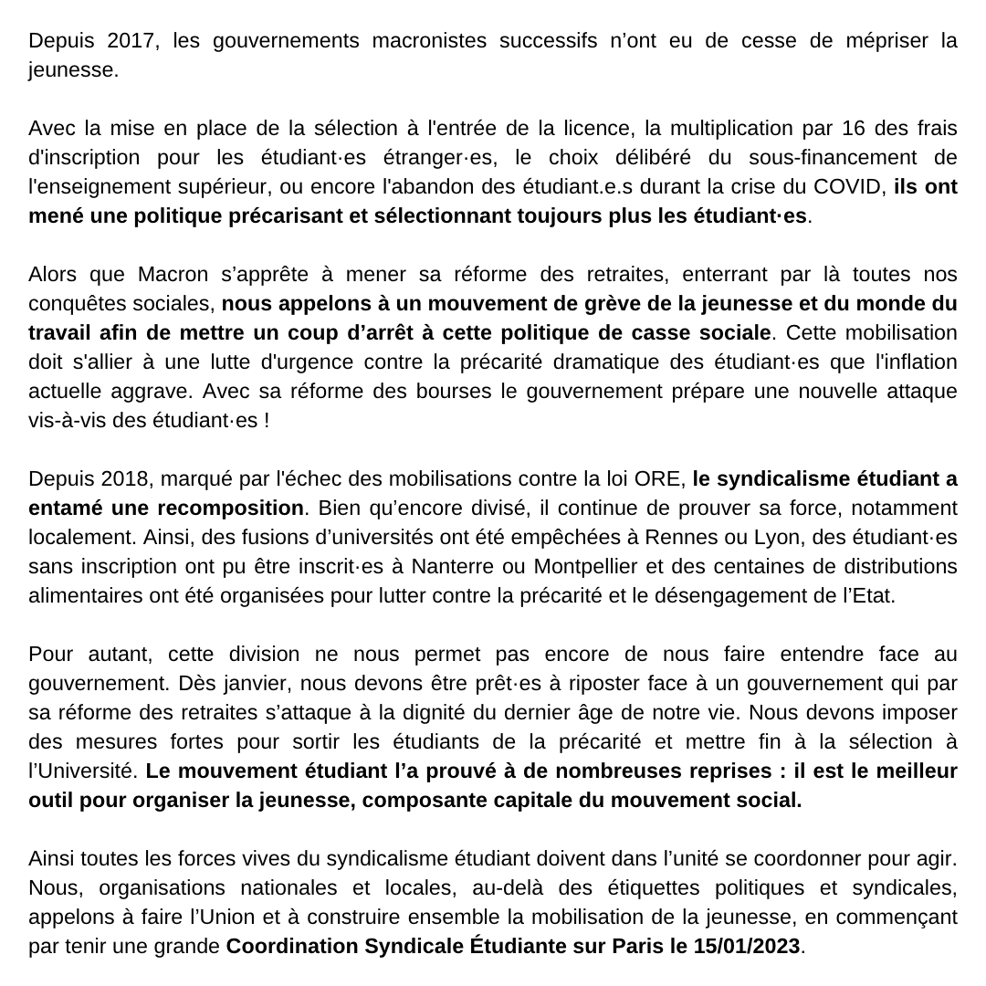 ➡️30 organisations syndicales locales et nationales appellent à une Coordination Syndicale Etudiante !

La division du mouvement étudiant n'a que trop duré ! Face à la réforme des retraites, le 15/01 établissons un plan de bataille pour le mettre en échec !