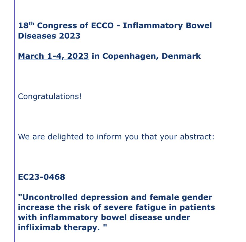 Very Happy because our three abstracts submited to #ECCO23 from our IBDUNIT of our Gastro Dept  <a href="/gastrochus/">Gastro SANTIAGO</a> have been accepted! Congrats <a href="/CrisCalvinoS/">Cris CalvinoS</a> <a href="/Rocio_stg/">Rocío Ferreiro</a> <a href="/VioletaMauriz/">Violeta</a> <a href="/IriaBaston/">Iria</a> <a href="/EDominguezMunoz/">J. Enrique Dominguez-Munoz</a> <a href="/albertoruano8/">Alberto Ruano</a>  <a href="/cimususc/">CiMUS</a> <a href="/idis_research/">Instituto de Invest. Sanitaria de Santiago (IDIS)</a> <a href="/santiagosergas/">Área Sanitaria de Santiago e Barbanza</a> 
and all team!