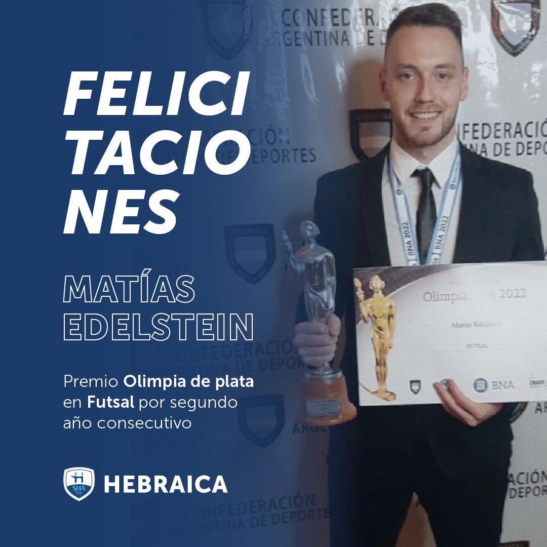FELICITACIONES Mati Edelstein 

¡Olimpia de plata en Futsal por segundo año consecutivo! 🏆🥇

#VamosSHA 💪🏻🎽

<a href="/matiedel/">Matias Edelstein</a>