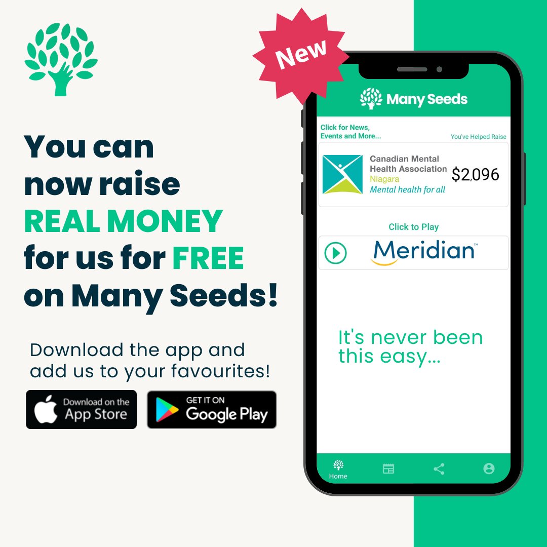 CMHANiagara's tweet photo. You can support us for FREE! Just download the @manyseedsinc app, add us to your favourites and spend as little as 15 seconds raising money for CMHA Niagara. It's as easy as that! #Manyseeds https://t.co/wSH4XrKEKM