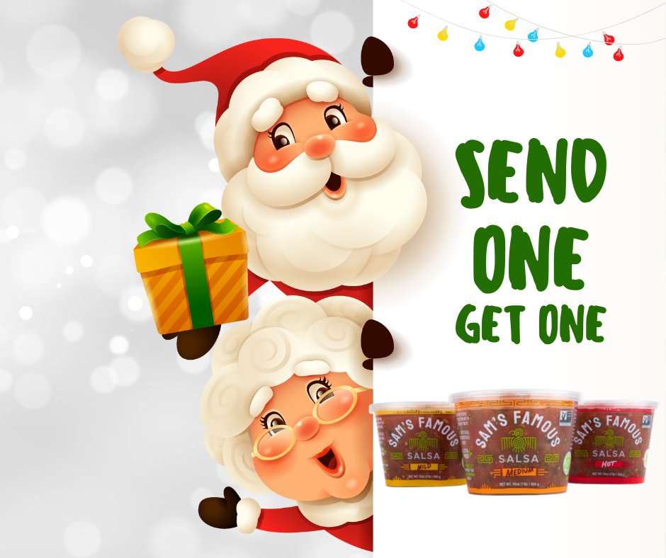 📢🎅Local Peeps!  Friday is the last day to Send a gift of salsa and get one free!  Every Christmas party needs a little Sam's and it makes the perfect gift.  #nongmo #freshsalsa #certifiedglutenfree hubs.la/Q01wrQ_H0