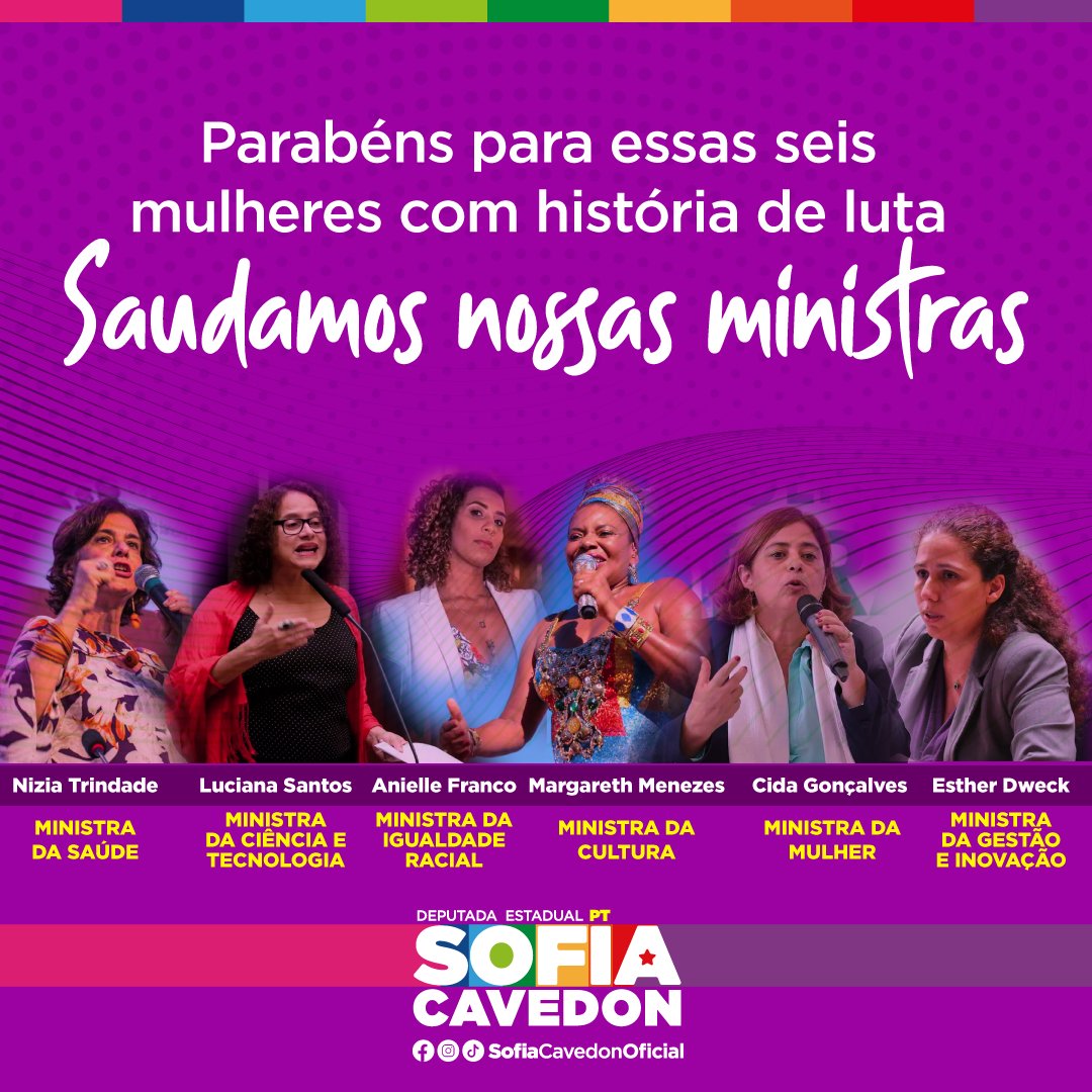 sofiacavedonPT's tweet photo. Representatividade importa!

Saudamos nossas ministras anunciadas hoje pelo presidente Lula, são mulheres de luta e competência – estaremos juntas por um país de esperança. 

#DiasMulheresVirão https://t.co/oXf4XhEy2u