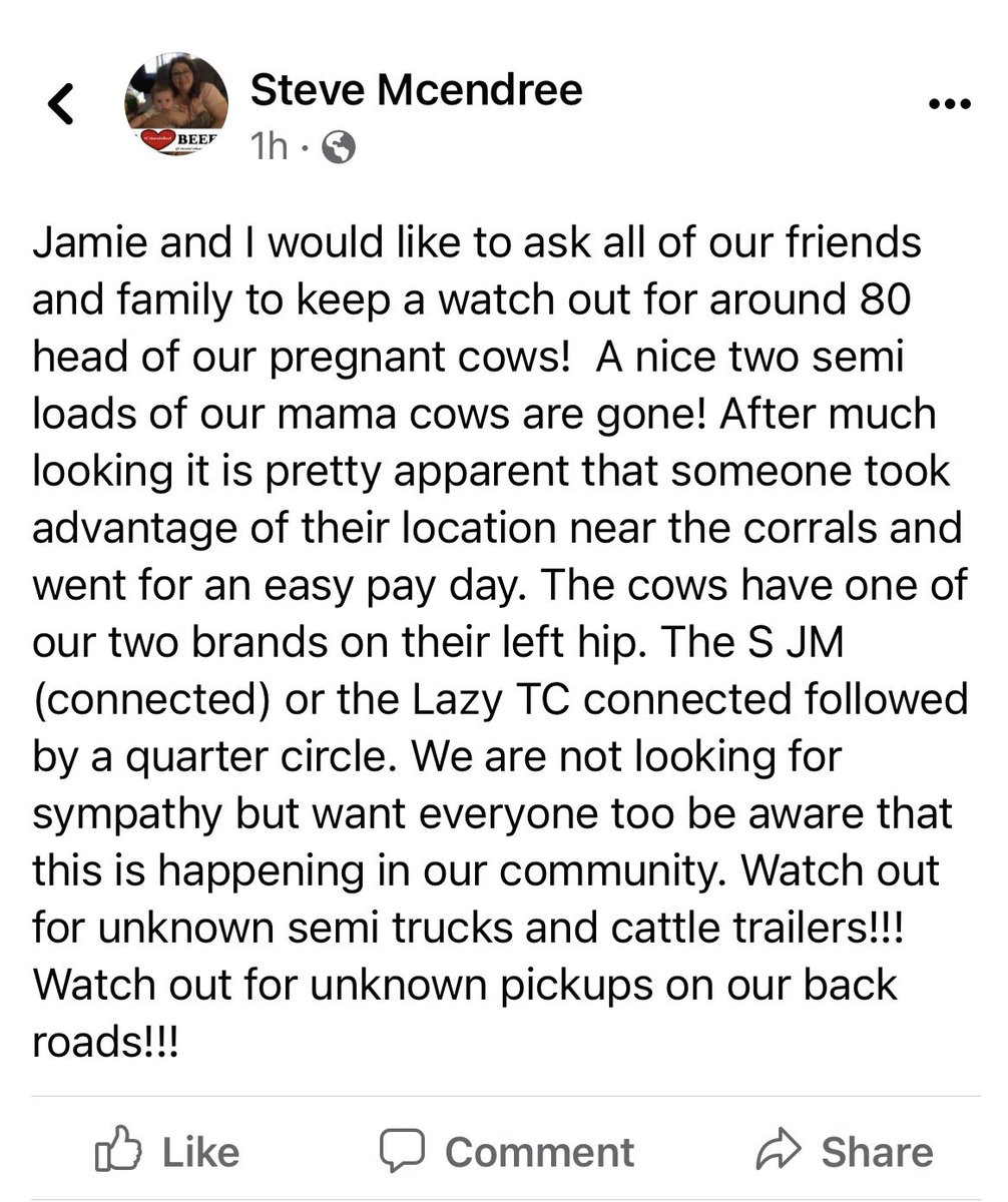 bardiamondj31's tweet photo. 80 head stolen right off a ranch here in Baca County. I hope they find who ever did this and throw the book at them. Keep your eyes open everyone https://t.co/J35f94XBIt