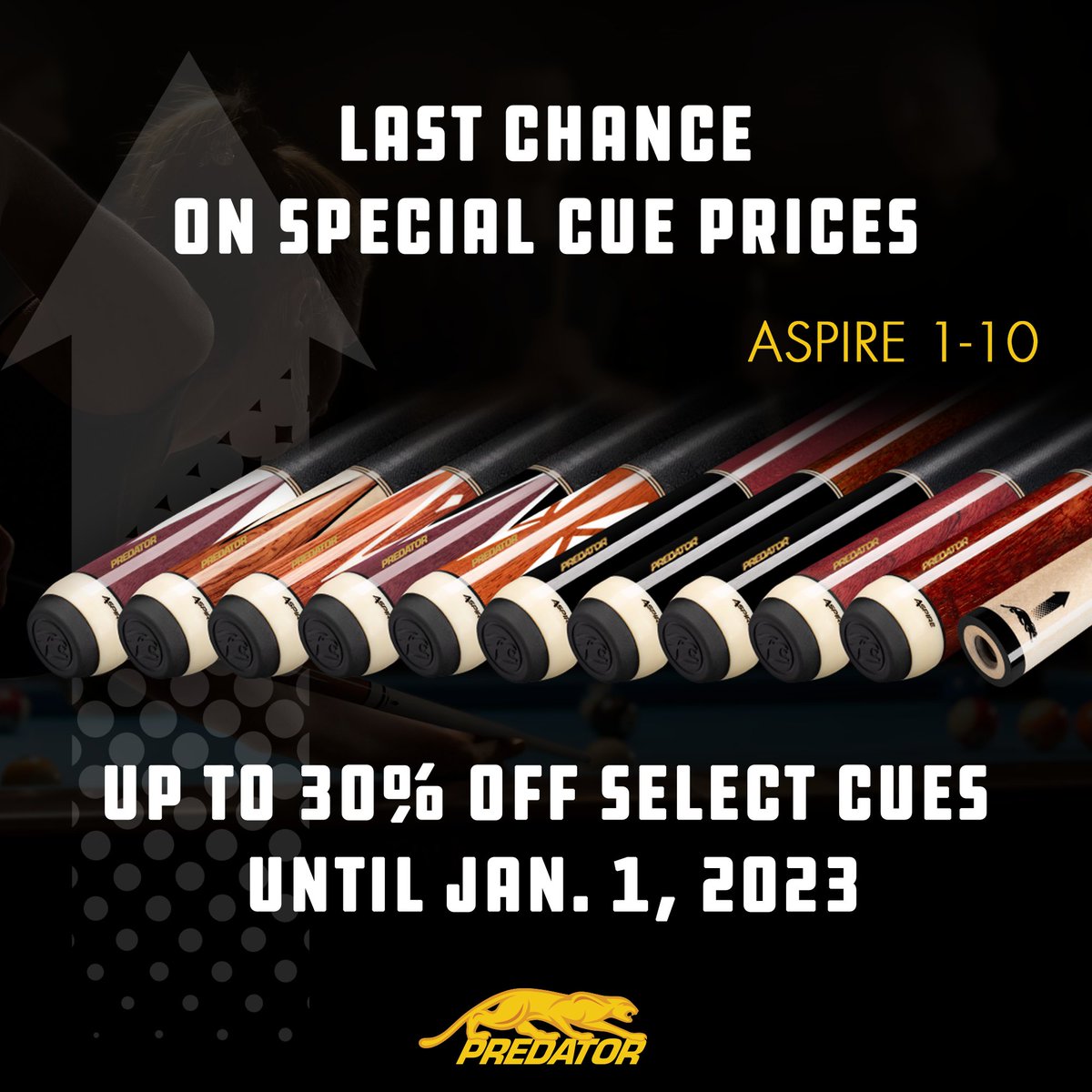 PredatorCues's tweet photo. ๐จ Less than 4 days left to shop our special cue prices! ๐จ
Up to 30% off Select Aspire Cues until the New Year: https://t.co/hXLjXaJuD8
#EndOfYearSale2022 #PoolCueSale #BilliardsSale #PredatorCues https://t.co/XiuMlxYQ4M