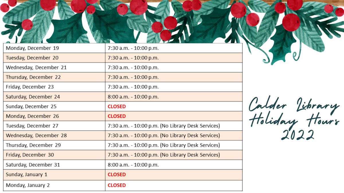 CalderMedLib's tweet photo. Calder Medical Library's building and service hours will vary over the next 2 weeks. 
The building will be open for most of the time, but library services will be altered. 
We will resume normal operations from January 3, 2023. #HappyHolidays #SeeYouIn2023 https://t.co/ONvOF7xewc
