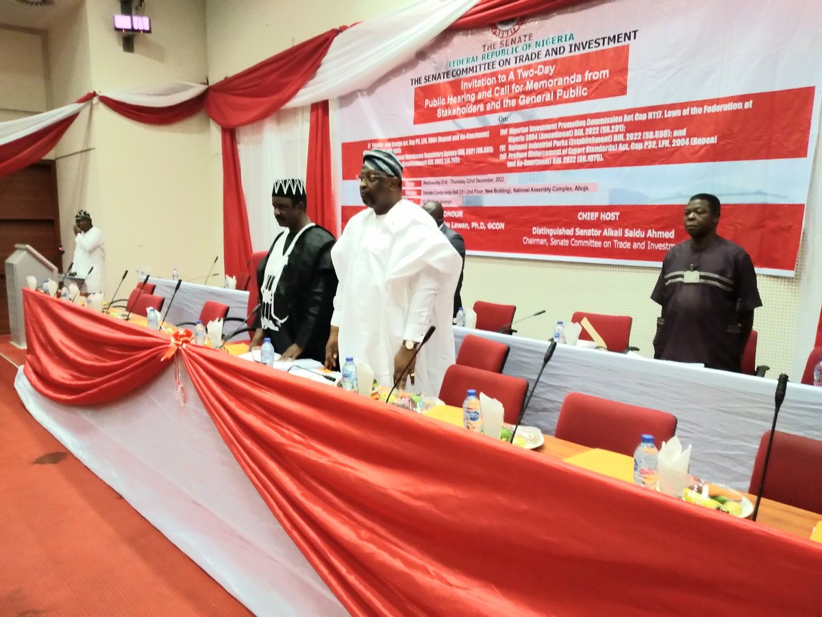 SenatorOdebiyi's tweet photo. With Sen. Saidu Ahmed Alkali; Sen. Ajayi Borofice; Sen. Francis Fadahunsi And Sen. Nora Daduut, At The 2-Day Public Hearing On Wednesday 21st December, 2022 At The Senate Conference Hall, Abuja, Organised By Committee On Trade &amp; Investment To Deliberate On 6 Important Bills. https://t.co/VKm9J4suey