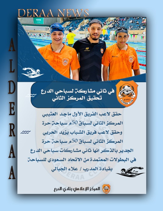 AlDeraaClub's tweet photo. 📰 | أخبار #نادي_الدرع_الرياضي
في البطولات المعتمدة من الإتحاد السعودي للسباحة
حقق لاعب الفريق الأول للسباحة ماجد العتيبي المركز الثاني لسباق ٥٠ م سباحة حرة
وحقق لاعب فريق الشباب يزيد الحربي المركز الثاني لسباق ٥٠ م سباحة حرة
بقيادة المدرب/ علاء الجبالي https://t.co/mS1cv0fNyf
