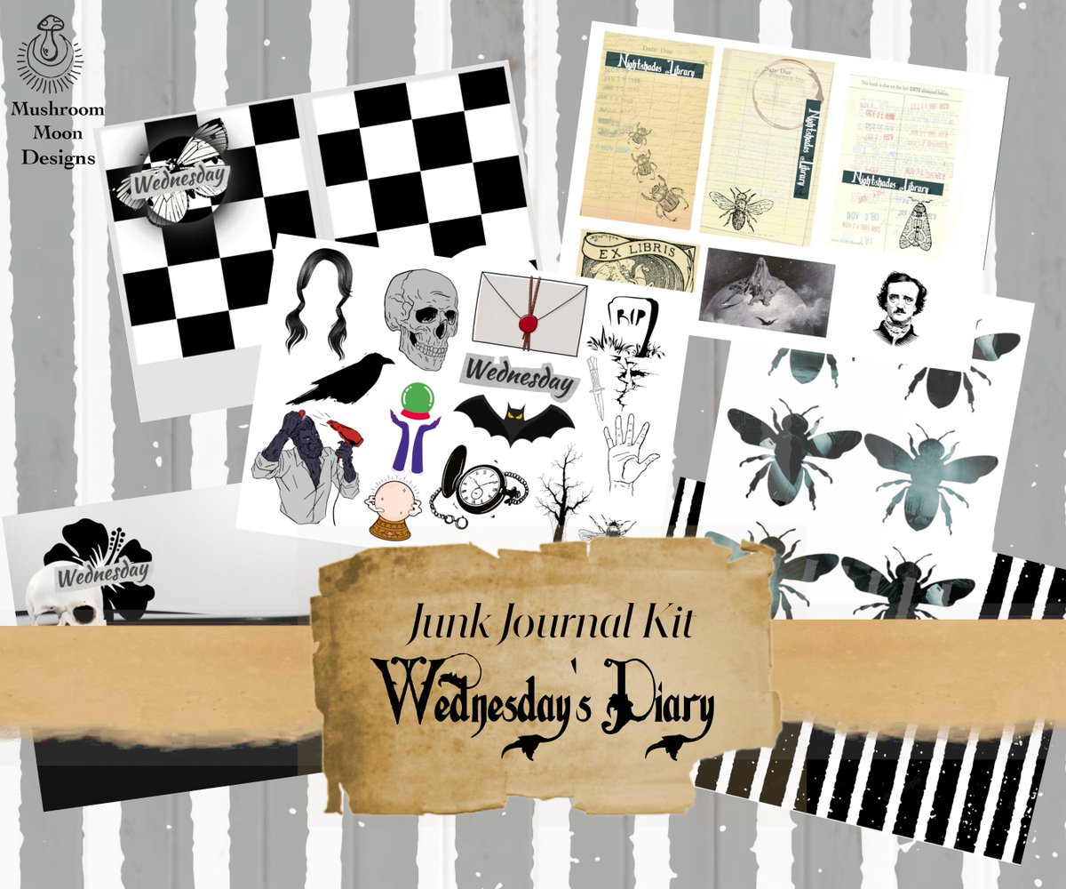 Wednesday's Diary, Wednesday inspired gothic themed digital paper kit with fussy cuts, journal pages and ephemera! etsy.me/3Wlq2i4 via <a href="/Etsy/">Etsy</a>