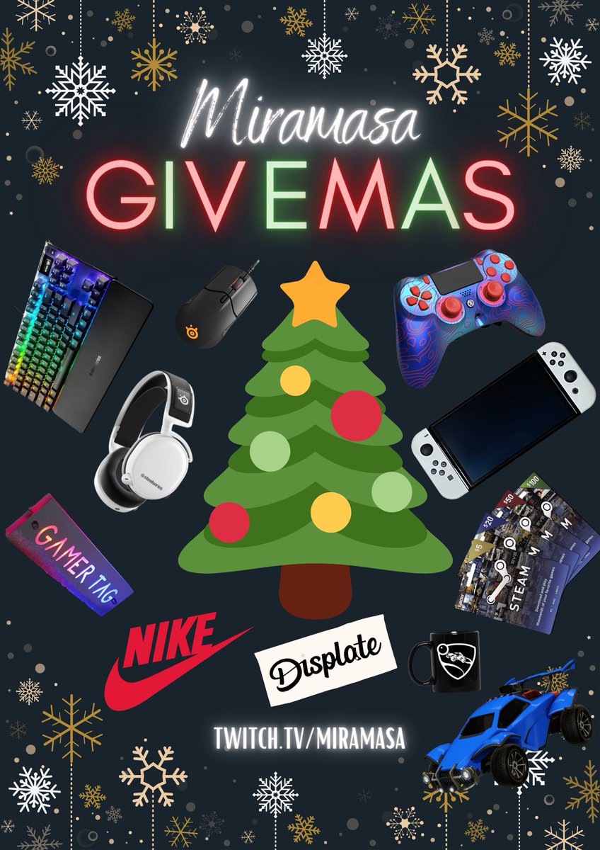 🎅$1500 GIVEMAS🎅

GIVING AWAY various (customizable) items, including a Switch OLED, high-end Hardware and more! :D Starts on Christmas Eve, Dec 24th.

To enter:
🎁RT &amp; Follow me on Twitter
🎁Keyword given in Twitch stream (keyword can be put in at any time)

See you there!! :]