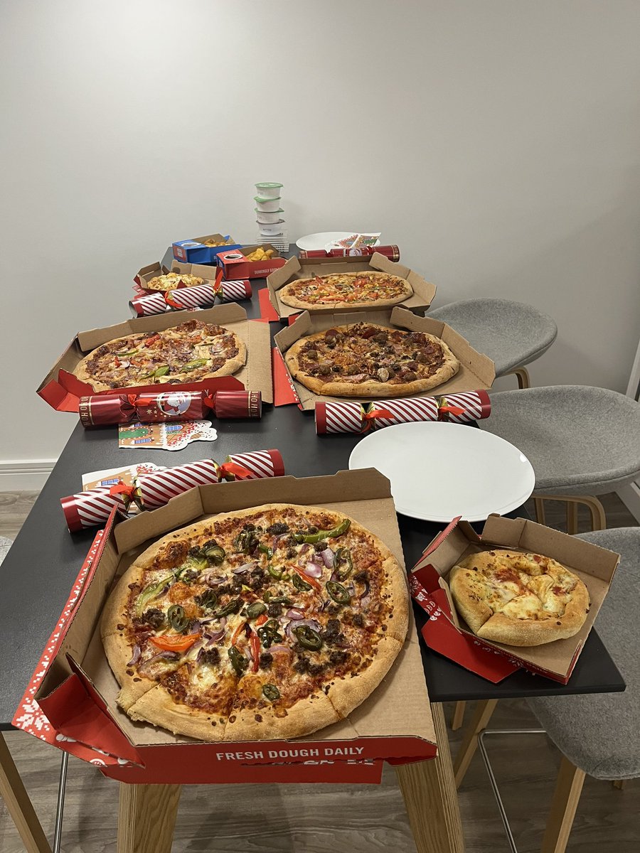 Festive lunch and secret Santa… #HappyChristmas from us!! 
We close tomorrow from lunchtime for a well earned break for all of our staff🎅🏻🎄🍕🌟✨Bring on January!! 💪🏻2️⃣0️⃣2️⃣3️⃣✨