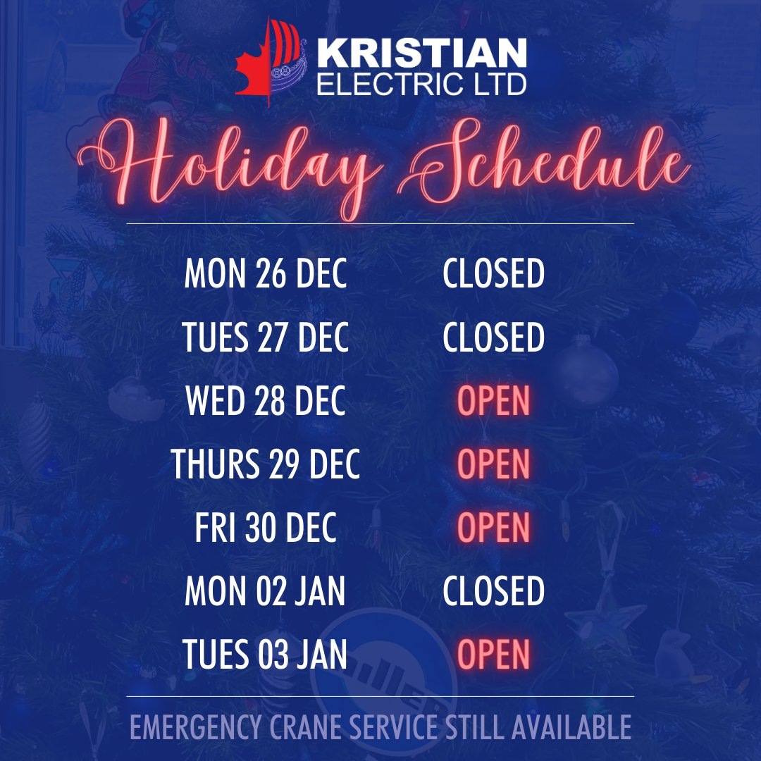 Here are our upcoming holiday hours if you just can't wait to see us again! 🎄

Emergency crane service callouts will still be available during our holiday break. Call your local Kristian branch to be directed to our after-hours service dispatch line if you need a crane tech!