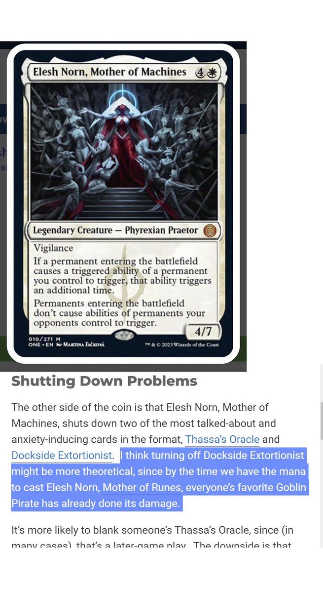 DanBock's tweet photo. In an article complaining about the new Elesh Norn for commander and why it should be banned, an RC member lets us know that they're slowly getting closer to understanding why Sol Ring is a problem. https://t.co/pJOpxIwFBT
