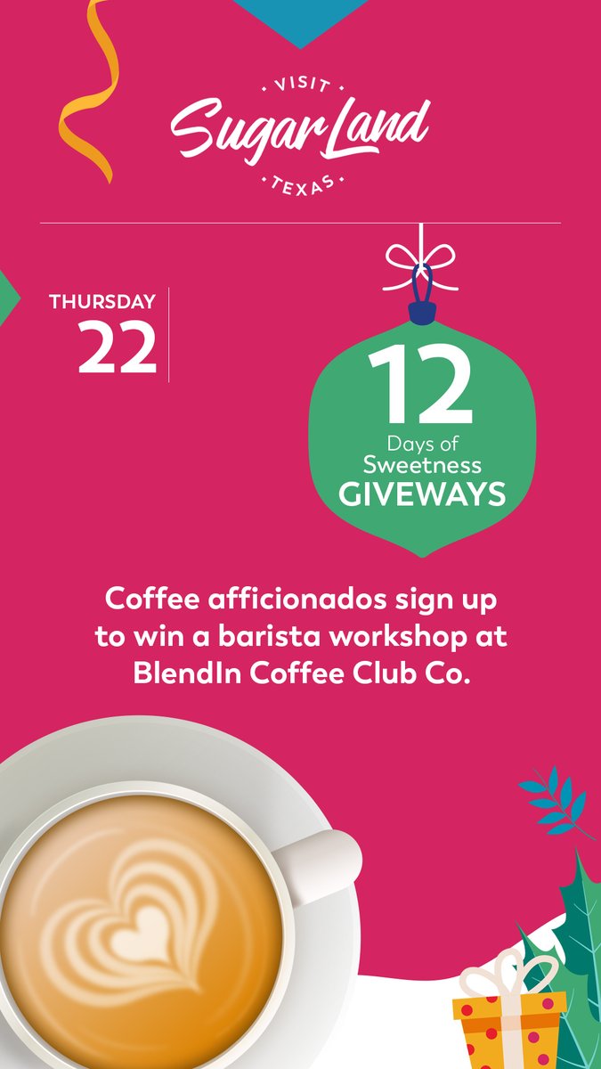 VisitSugarLand's tweet photo. π DAY 12π As part of our #12DaysofSweetness, we are giving a lucky winner a BlendIn Coffee Club Coffee Workshop valued at $150!
TO ENTER:
1οΈβ£ Follow @VisitSugarLand
2οΈβ£ β€οΈ and Retweet this post
3οΈβ£ Sign up β‘οΈ https://t.co/eKE6Gmrame
Winner announced on 12/23! https://t.co/cWfkTkGRWS
