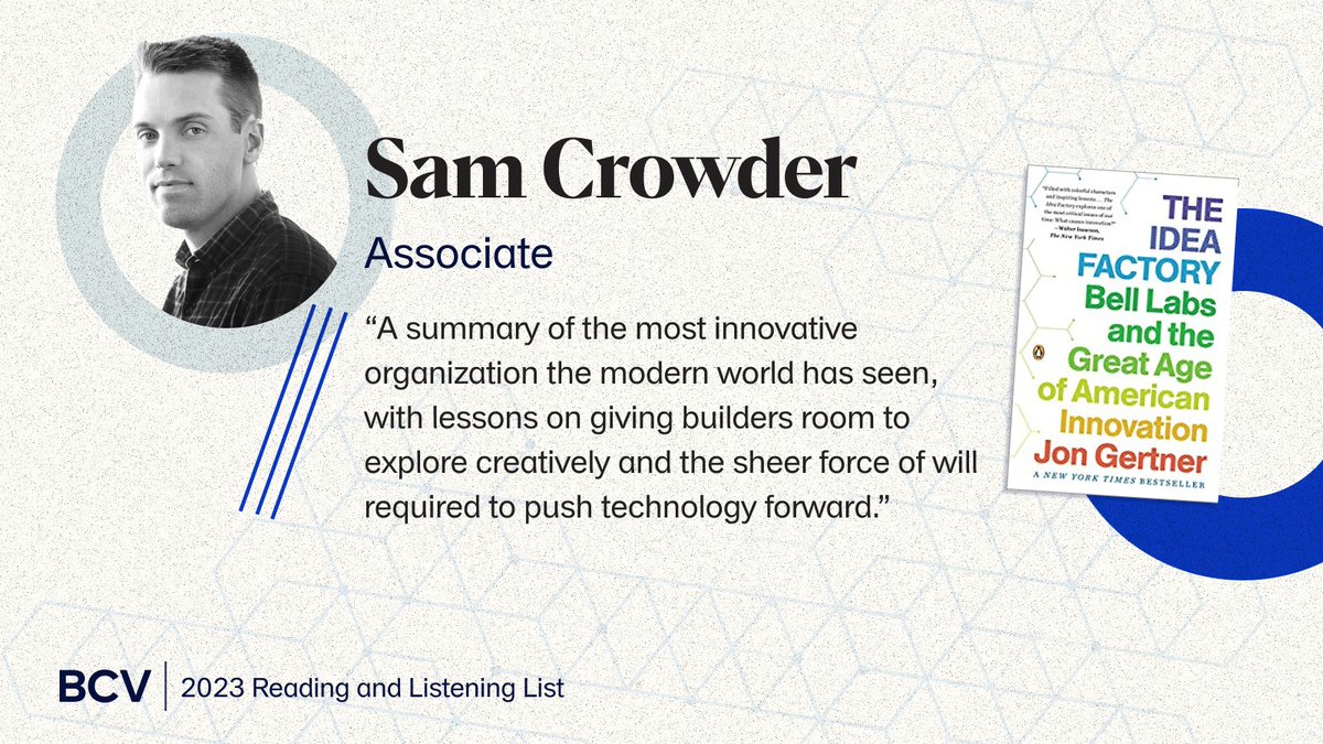 BainCapVC's tweet photo. Founders might find inspiration in @samecrowder's recommendation, #TheIdeaFactory by @jongertner. Check out the rest of BCV's 2023 Reading and Listening List: https://t.co/vKqHbZ4zft https://t.co/CxxfJge9Ll