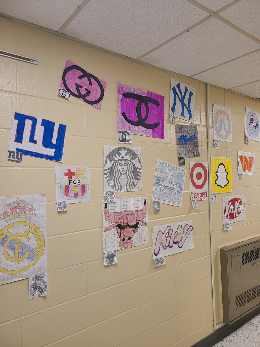 DDE_MsCisek's tweet photo. Check out the hard work of Ms. Squillace's and Ms. Cisek's pre-algebra classes! Using scale factor to scale up our favorite logos! Which one is your favorite?  #ddechallengeaccepted #middleschoolmath @DDEGambino @DDE_AGiarratano https://t.co/PzGock96X8