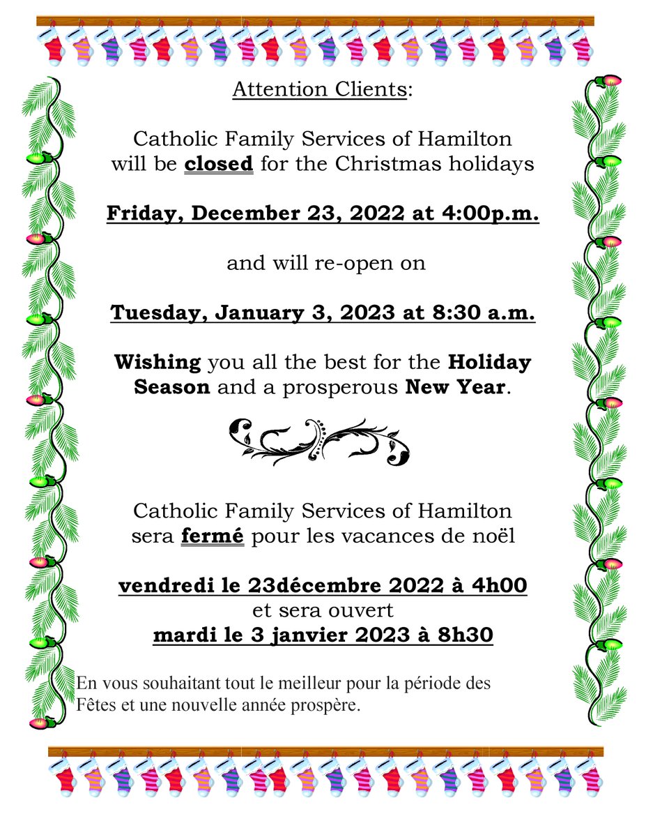 CFSHW's tweet photo. Happy Holidays from all of us at Catholic Family Services of Hamilton. 

Please note we will be closed starting December 23rd, 2022 - January 3rd, 2023 https://t.co/LwOTp8JtBG