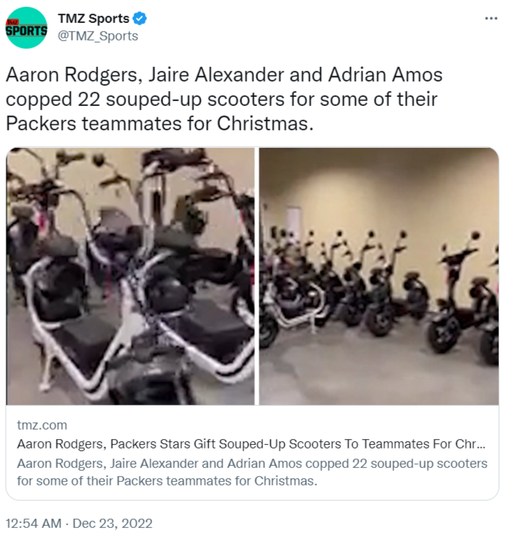Huge shoutout to <a href="/AaronRodgers12/">Aaron Rodgers</a>, Adrian Amos, and <a href="/JaireAlexander/">jaire Alexander</a> for the epic units they gifted to their Packers teammates! Talk about spreading some holiday cheer.

We're so grateful for your generosity and thoughtfulness. Thank you for choosing us!