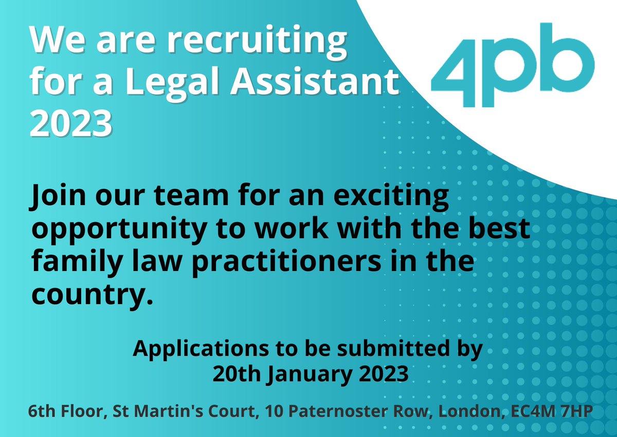 LEGAL ASSISTANT POSITION AT 4PB.
An excellent opportunity to work closely with barristers at a top tier family law set in London.

To read more about this click the link below:
4pb.com/recruitment/st…