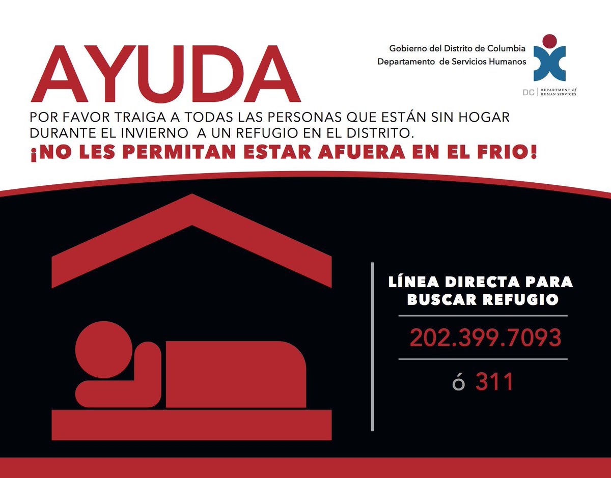 🚨 NOTICE 🚨

Dec 22, 2022: the District’s Hypothermia Alert will be ACTIVATED at 7pm.

Check on unsheltered neighbors, seniors, and other vulnerable individuals. 

If you see someone in need of shelter call: 

☎️ 202-399-7093 or 311.

📞  911 if there’s an immediate safety risk.